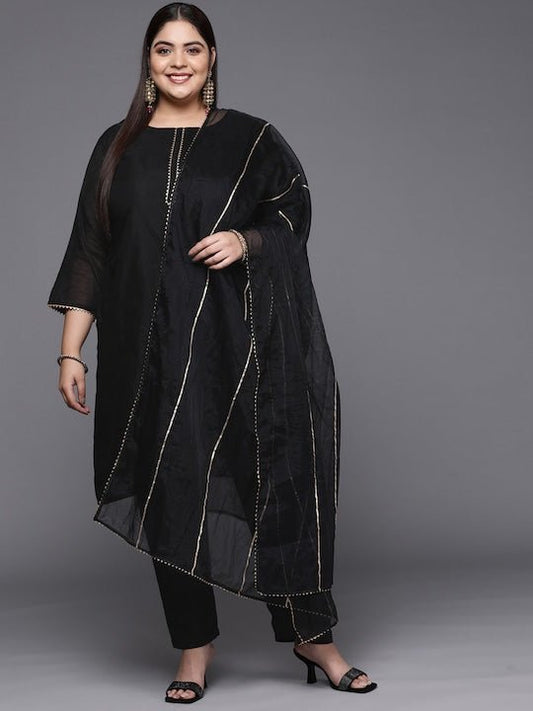 Women Black Gotta Patti Chanderi Cotton Kurta with Trousers & With Dupatta - Inddus.com