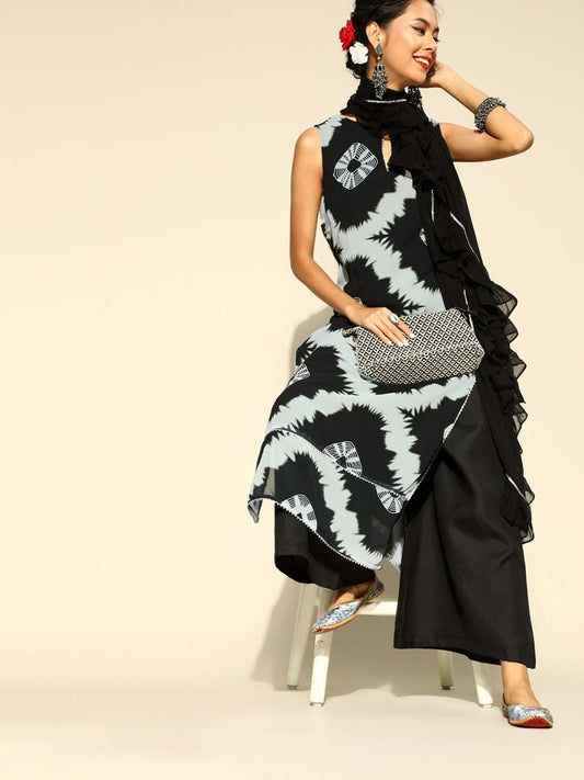 Women Black & Grey Tie and Dye Kurta with Palazzo & Ruffled Dupatta - Inddus.com