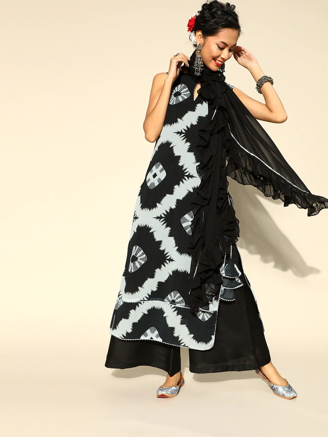 Women Black & Grey Tie and Dye Kurta with Palazzo & Ruffled Dupatta - Inddus.com