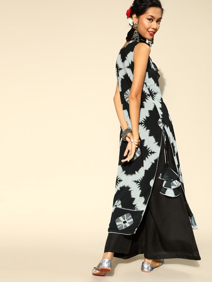 Women Black & Grey Tie and Dye Kurta with Palazzo & Ruffled Dupatta - Inddus.com