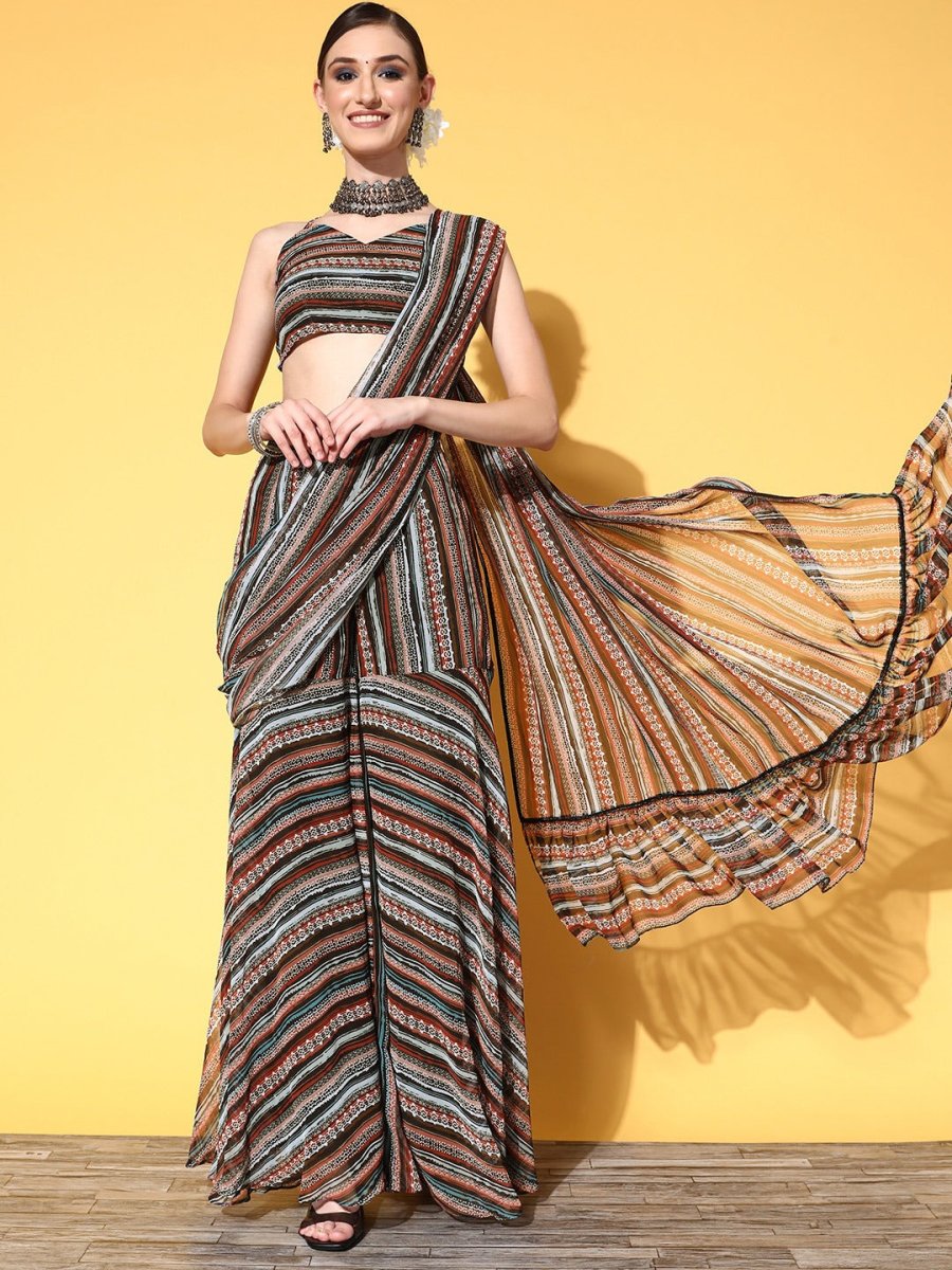 Women Black Multi Printed Stripes Sharara Drape Ruffle Saree with Blouse Piece - Inddus.com