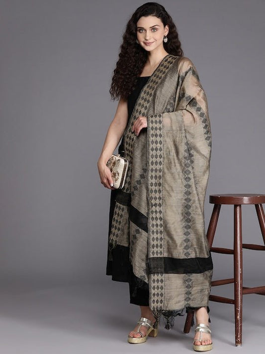 Women Black Pleated Kurta with Trousers & With Dupatta - Inddus.com