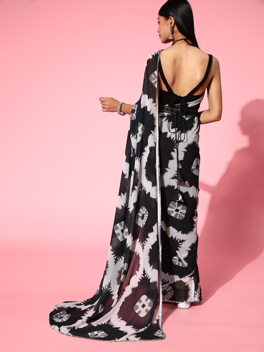 Women Black Printed Tie and Dye Embellished Saree With Belt - Inddus.com