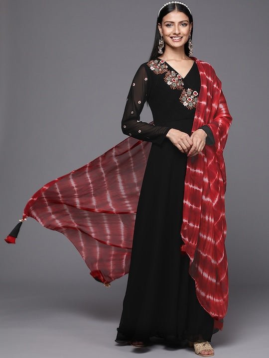 Women Black & Red Ethnic Motifs Embroidered Thread Work Georgette Anarkali Kurta - Inddus.com