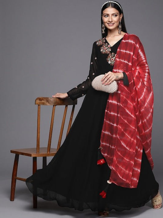 Women Black & Red Ethnic Motifs Embroidered Thread Work Georgette Anarkali Kurta - Inddus.com