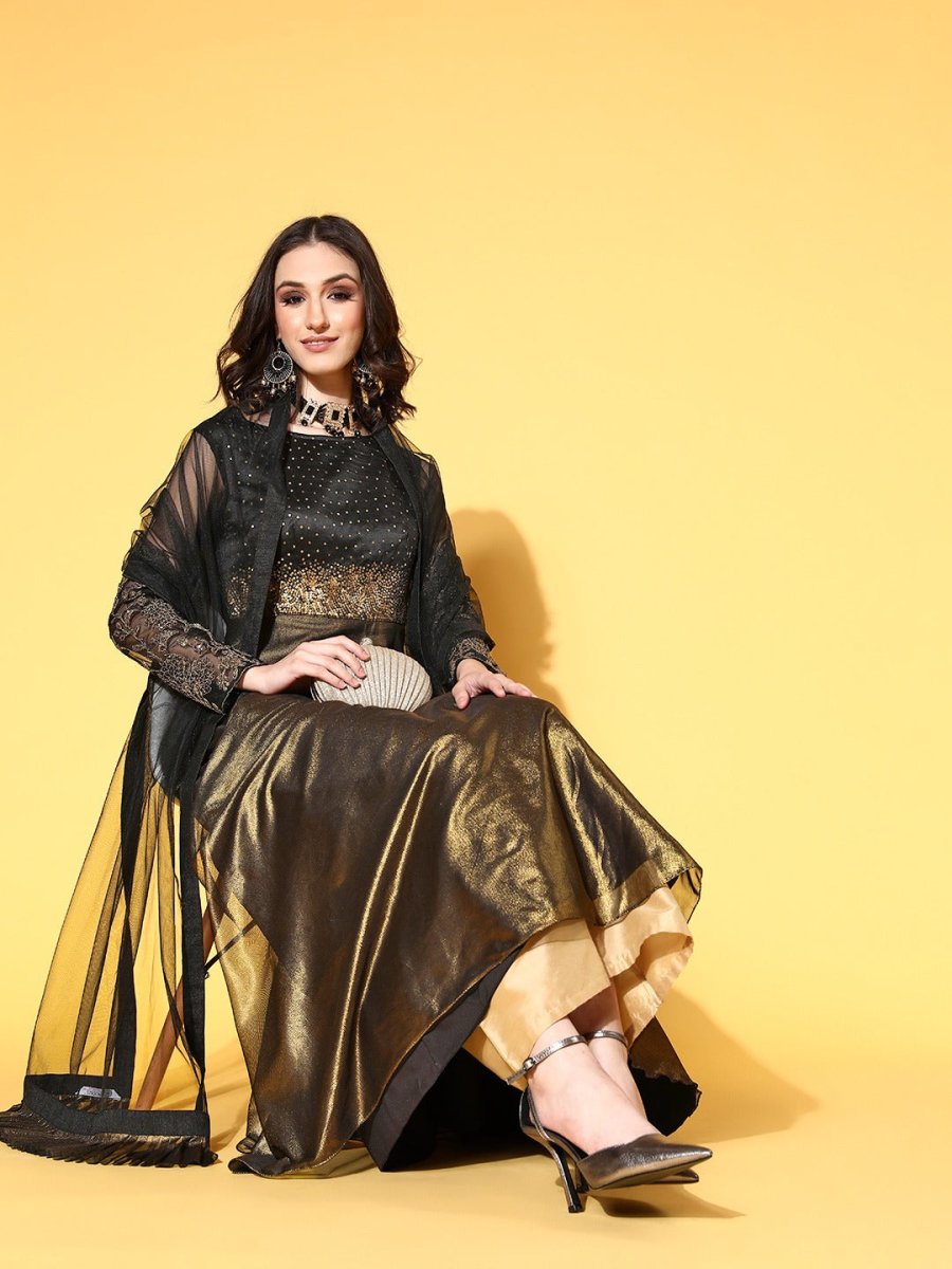 Women Black Satin Ethereal Embroidery Kurta - Inddus.com