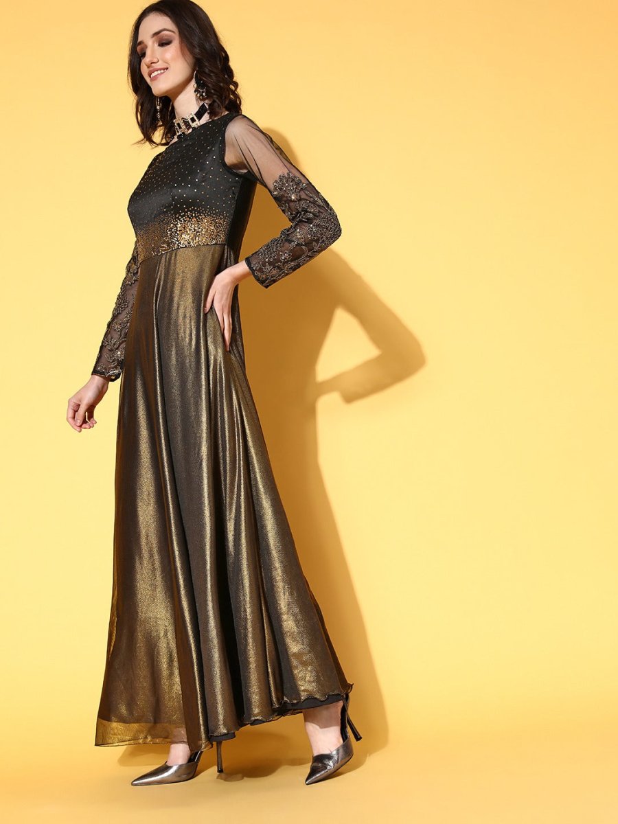 Women Black Satin Ethereal Embroidery Kurta - Inddus.com