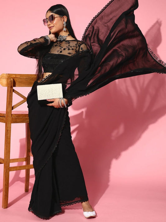 Women Black Sequinned Embellished Saree - Inddus.com