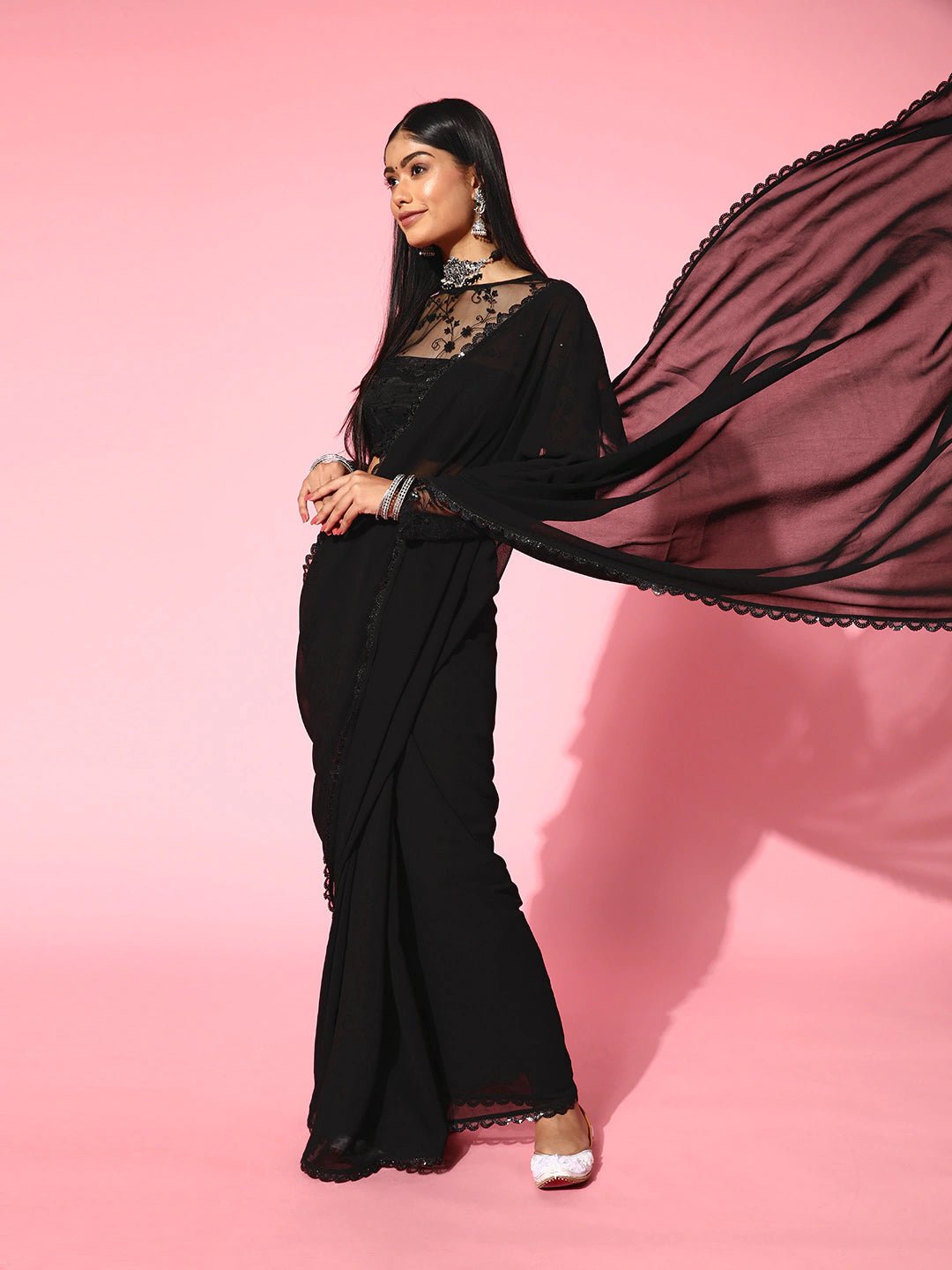 Women Black Sequinned Embellished Saree - Inddus.com