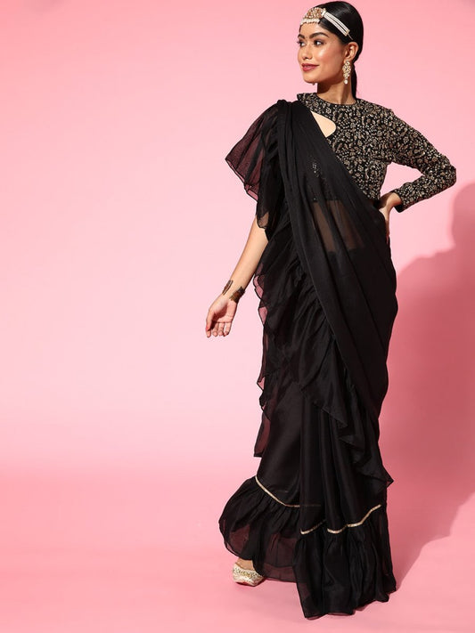 Women Black Solid Saree - Inddus.com