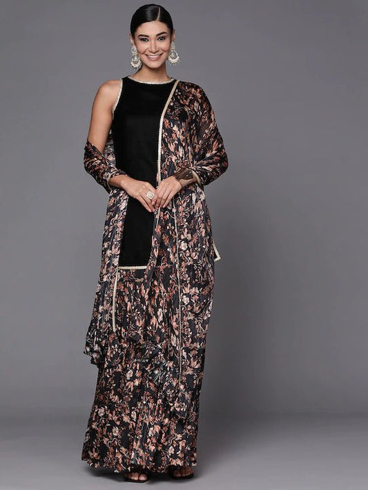 Women Black Woven Design Kurta and Sharara with Dupatta - Inddus.com