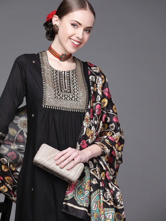 Women Black Yoke Design Pleated Kurta with Palazzos & With Dupatta - Inddus.com