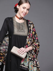 Women Black Yoke Design Pleated Kurta with Palazzos & With Dupatta - Inddus.com