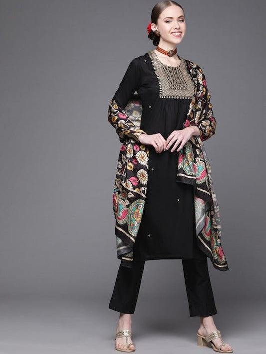 Women Black Yoke Design Pleated Kurta with Palazzos & With Dupatta - Inddus.com