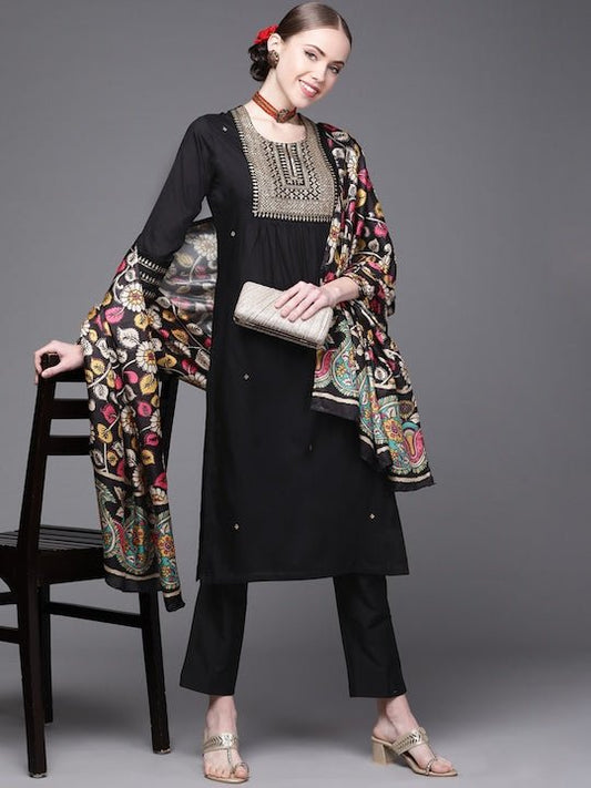 Women Black Yoke Design Pleated Kurta with Palazzos & With Dupatta - Inddus.com