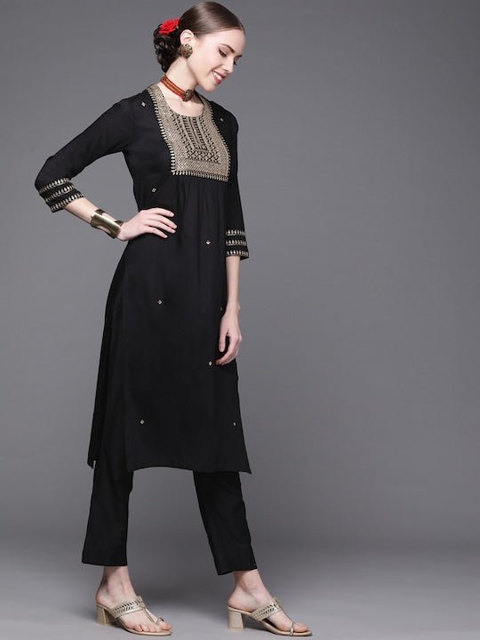 Women Black Yoke Design Pleated Kurta with Palazzos & With Dupatta - Inddus.com