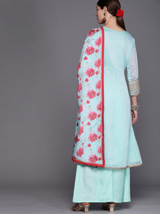 Women Blue Embroidered Angrakha Chanderi Cotton Kurta with Palazzos & Dupatta - Inddus.com