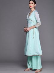 Women Blue Embroidered Angrakha Chanderi Cotton Kurta with Palazzos & Dupatta - Inddus.com