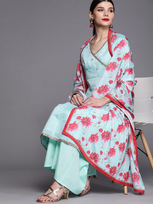 Women Blue Embroidered Angrakha Chanderi Cotton Kurta with Palazzos & Dupatta - Inddus.com