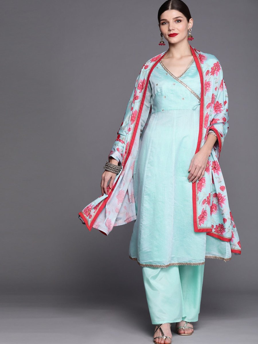 Women Blue Embroidered Angrakha Chanderi Cotton Kurta with Palazzos & Dupatta - Inddus.com