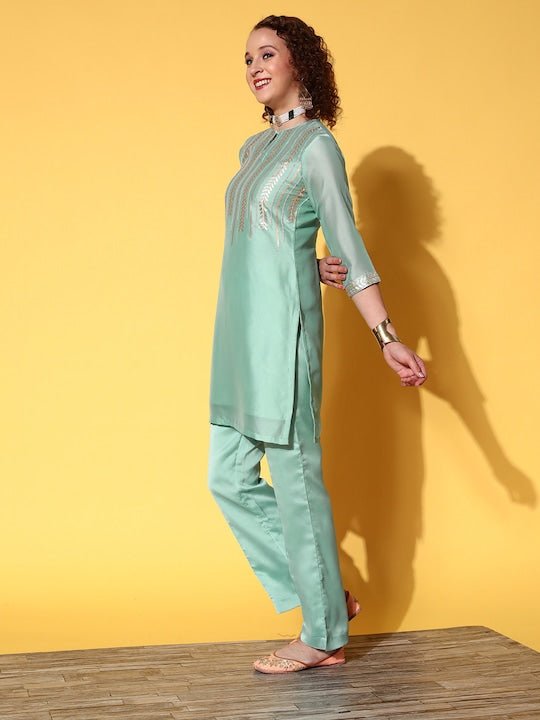 Women Blue Embroidered Sequinned Kurta with Trousers & With Dupatta - Inddus.com