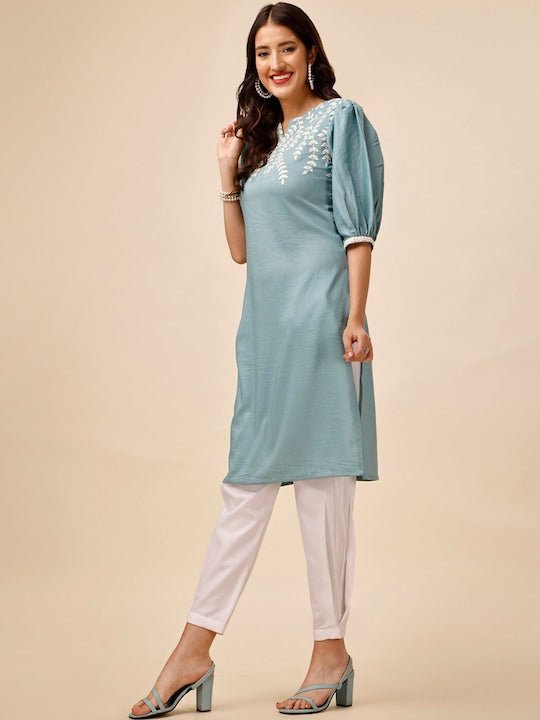 Women Blue Ethnic Motifs Yoke Design Regular Thread Work Kurta with Trousers - Inddus.com