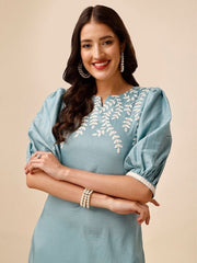 Women Blue Ethnic Motifs Yoke Design Regular Thread Work Kurta with Trousers - Inddus.com