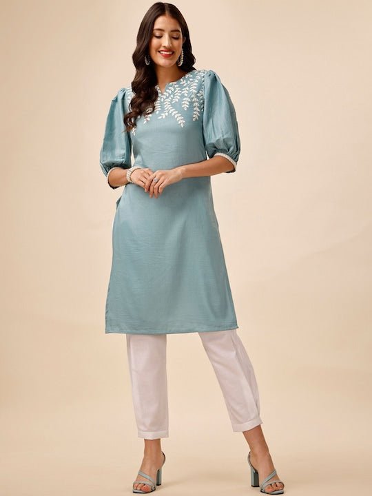 Women Blue Ethnic Motifs Yoke Design Regular Thread Work Kurta with Trousers - Inddus.com