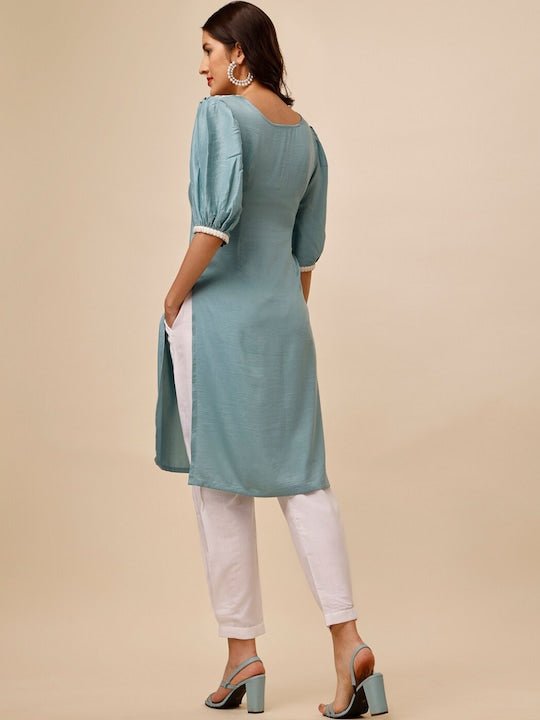 Women Blue Ethnic Motifs Yoke Design Regular Thread Work Kurta with Trousers - Inddus.com