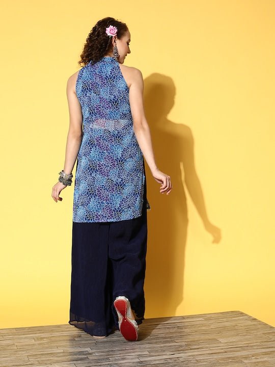 Women Blue Floral Printed Beads and Stones Kurta with Palazzos - Inddus.com