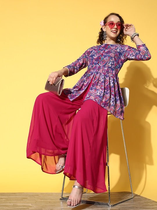 Women Blue Floral Printed High Slit Kurti with Palazzos - Inddus.com