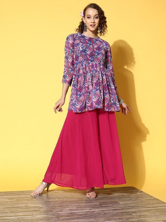 Women Blue Floral Printed High Slit Kurti with Palazzos - Inddus.com