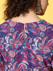 Women Blue Floral Printed High Slit Kurti with Palazzos - Inddus.com