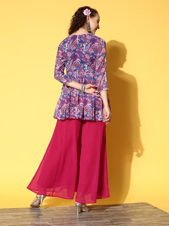 Women Blue Floral Printed High Slit Kurti with Palazzos - Inddus.com