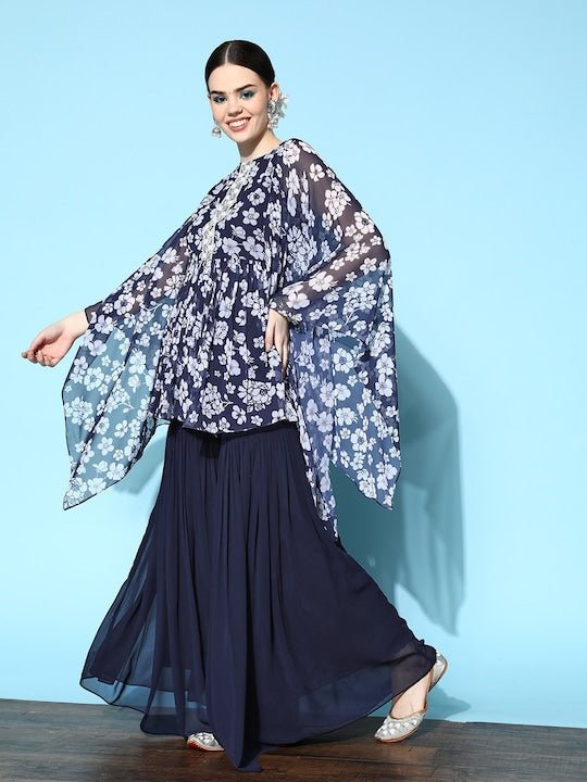 Women Blue Floral Printed Pleated Beads and Stones Studded Kurta with Sharara - Inddus.com