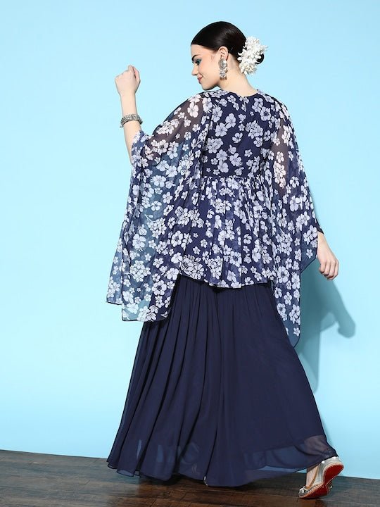 Women Blue Floral Printed Pleated Beads and Stones Studded Kurta with Sharara - Inddus.com