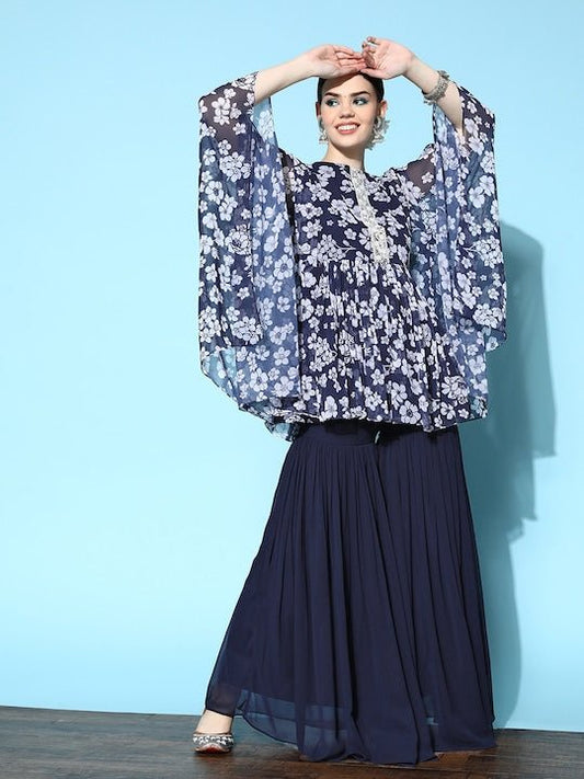 Women Blue Floral Printed Pleated Beads and Stones Studded Kurta with Sharara - Inddus.com