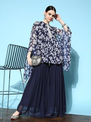 Women Blue Floral Printed Pleated Beads and Stones Studded Kurta with Sharara - Inddus.com