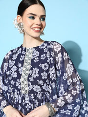 Women Blue Floral Printed Pleated Beads and Stones Studded Kurta with Sharara - Inddus.com