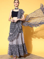 Women Blue Peach Floral Printed Lehenga Drape Ruffle Saree with Blouse Piece - Inddus.com