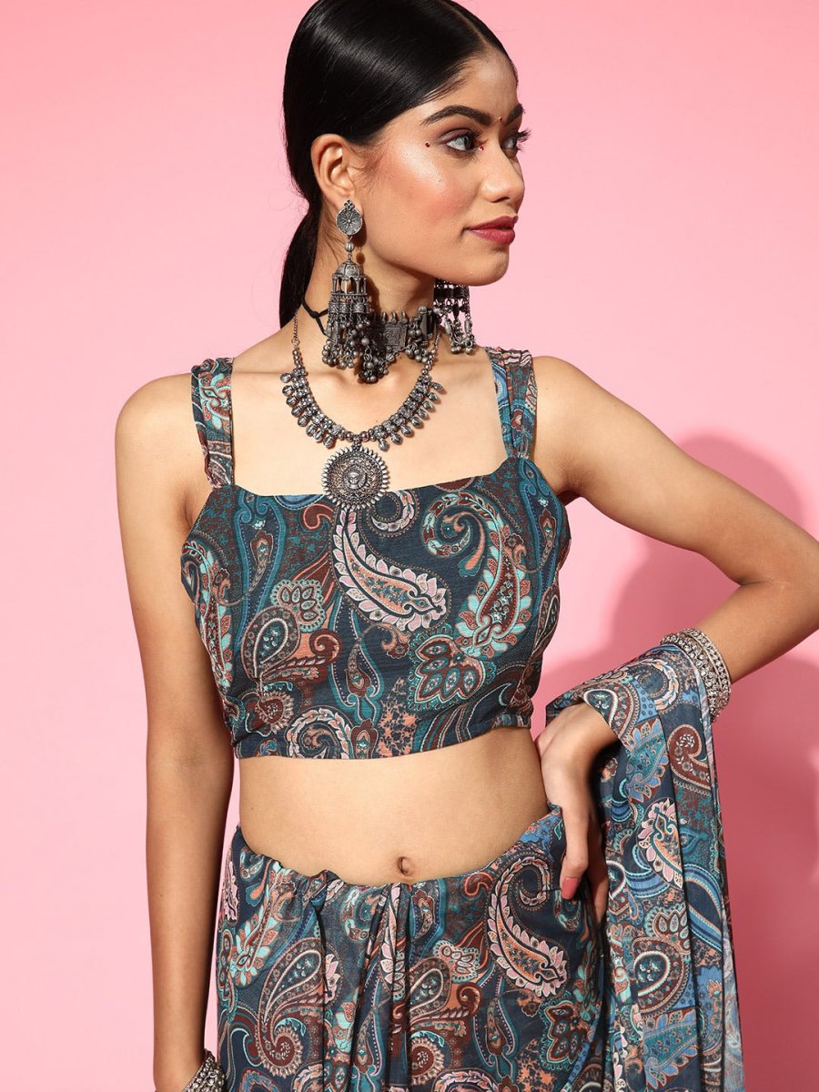 Women Blue Printed Kalamkari Embellished Festive Saree - Inddus.com