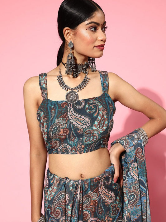 Women Blue Printed Kalamkari Embellished Festive Saree - Inddus.com