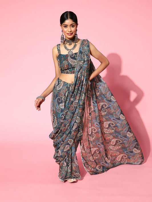 Women Blue Printed Kalamkari Embellished Festive Saree - Inddus.com