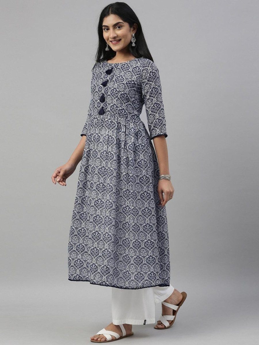 Women Blue & White Printed A-Line Kurta - Inddus.com