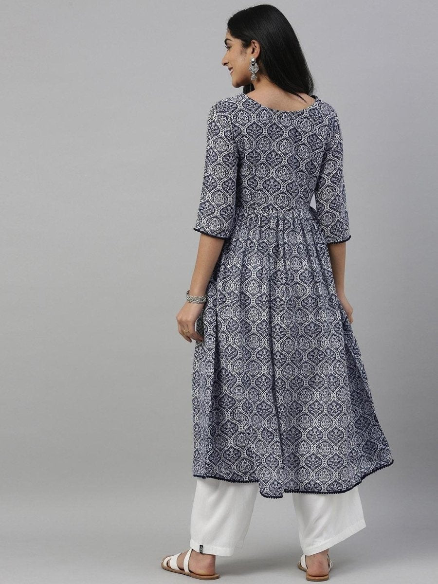 Women Blue & White Printed A-Line Kurta - Inddus.com