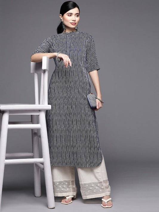 Women Blue & White Striped Pure Cotton Kurta - Inddus.com