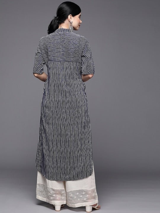 Women Blue And White Striped Pure Cotton Kurta 4003