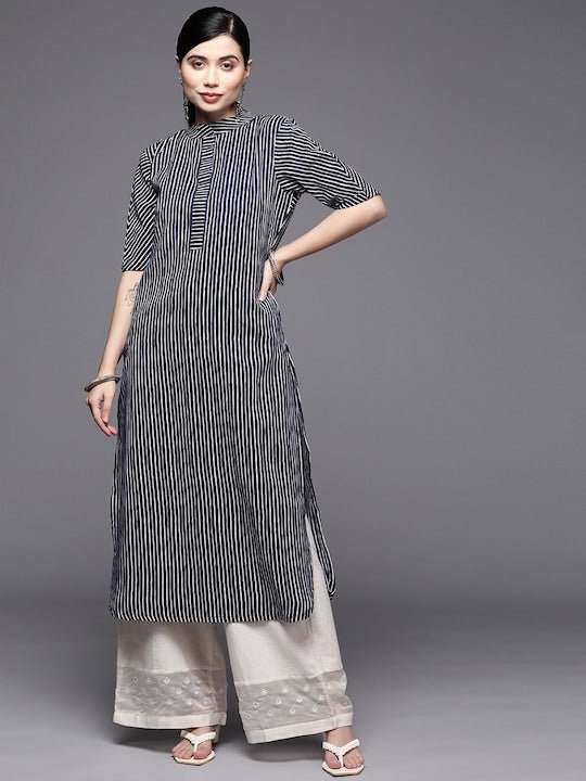 Women Blue & White Striped Pure Cotton Kurta - Inddus.com