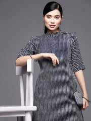 Women Blue & White Striped Pure Cotton Kurta - Inddus.com