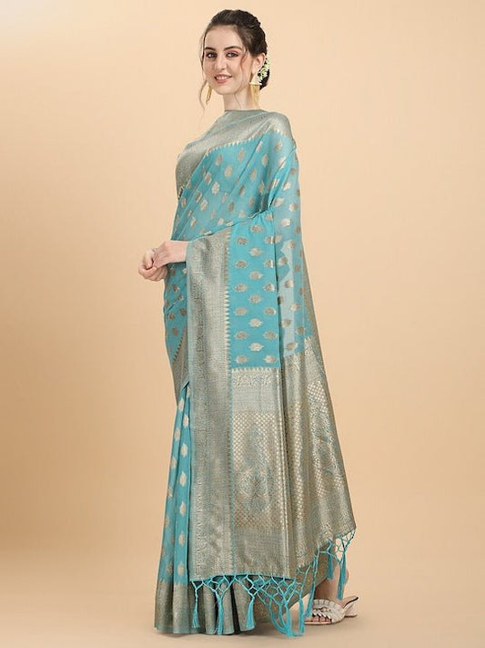 Women Blue Woven Design Chanderi Cotton Saree with Blouse Piece - Inddus.com